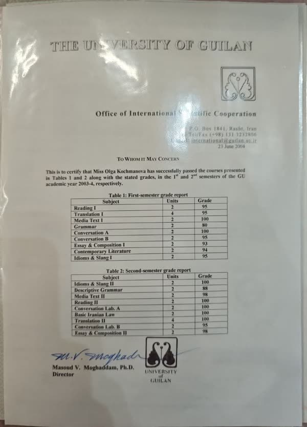 Академическая справка Университета Гиляна с оценками