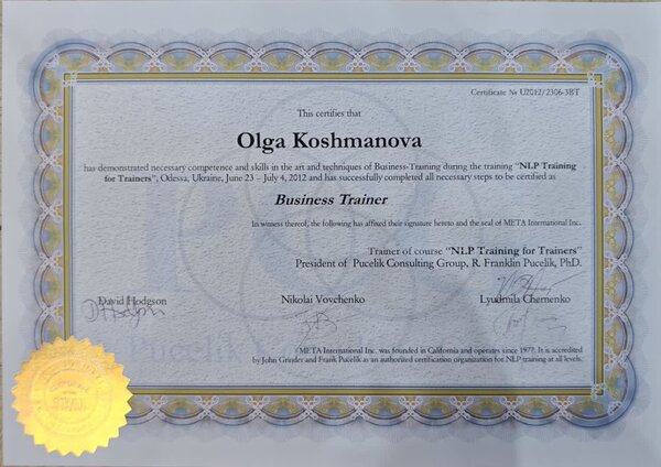 Сертификат META International Inc., «NLP Training for Trainers», Одесса, 2012 год